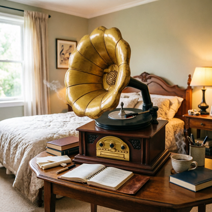 Wood 6-in-1 Bluetooth Record Player - Walnut | Mid-century wood music center plays vinyl, CD, cassette, FM radio and aux, built-in stereo speakers, RCA out, headphone jack